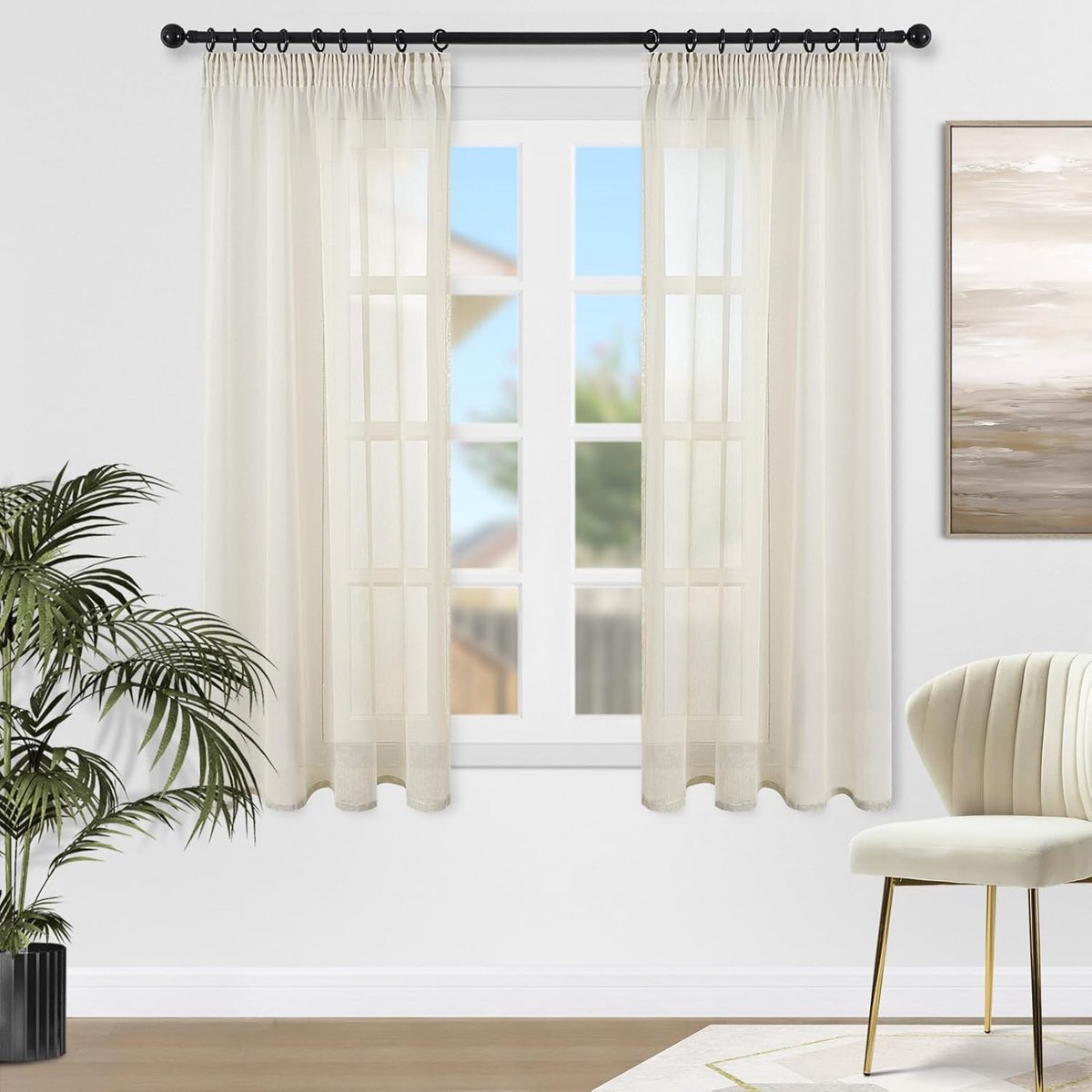 Voile gordijnen, linnenstructuur met plooiband, lichtdoorlatend, eenkleurig, voor ramen, woonkamer, slaapkamer, moderne en elegante gordijnen, set van 2 stuks (b x h) 140 x 160 cm, beige