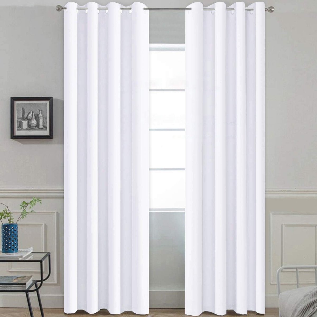 Puur witte gordijnen 84 inch lang, 50% lichtblokkerende gordijnen voor woonkamer, 2 strikruggen inbegrepen (52 inch breed, 2 panelen)