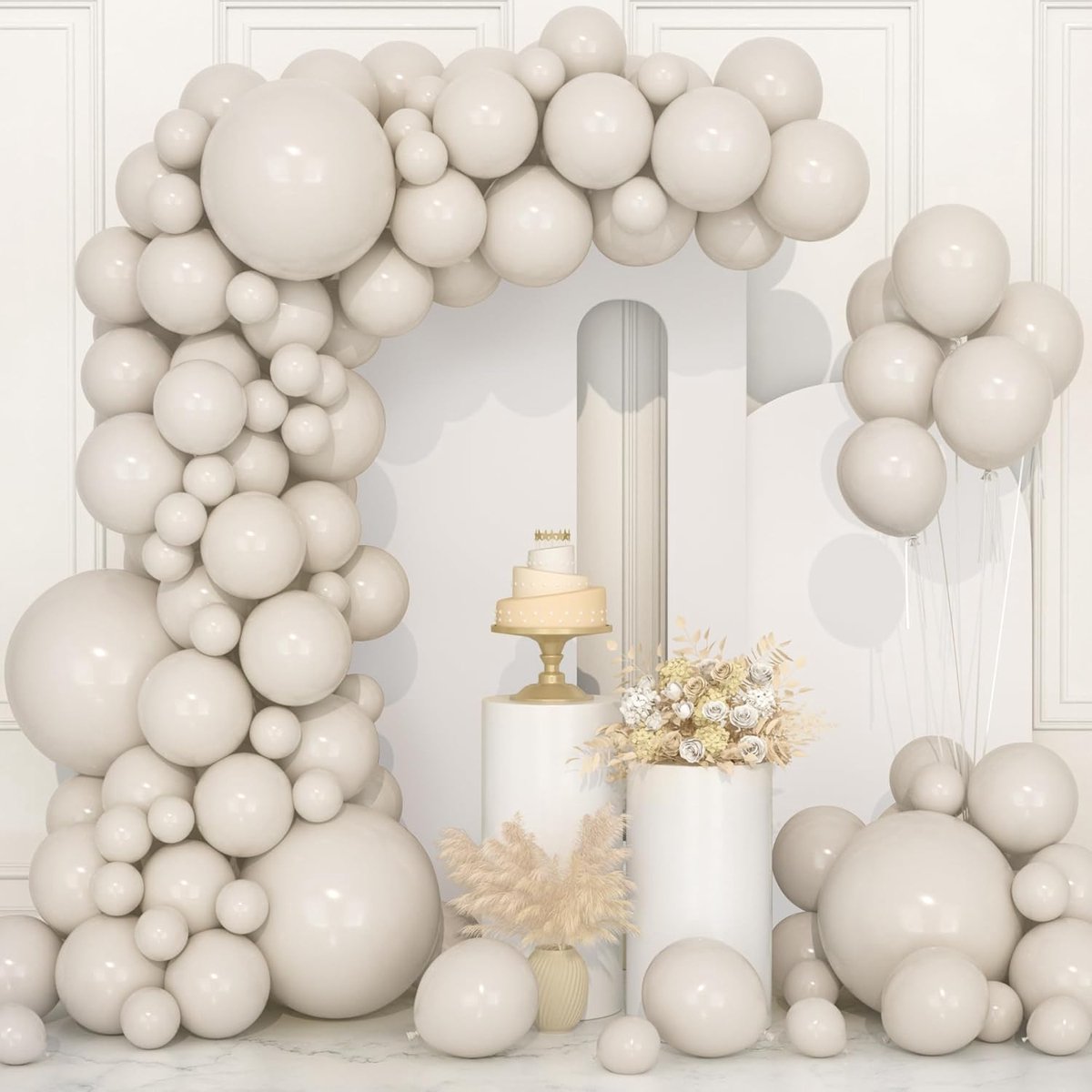 Ballonnenboog, set voor het maken van een ballonnenboog, 106 stuks latex ballonnen, van 13, 25, 30 en 45 cm, met lint, voor kinderen en volwassenen, feestelijke decoratie voor o.a. verjaardag, zandwit