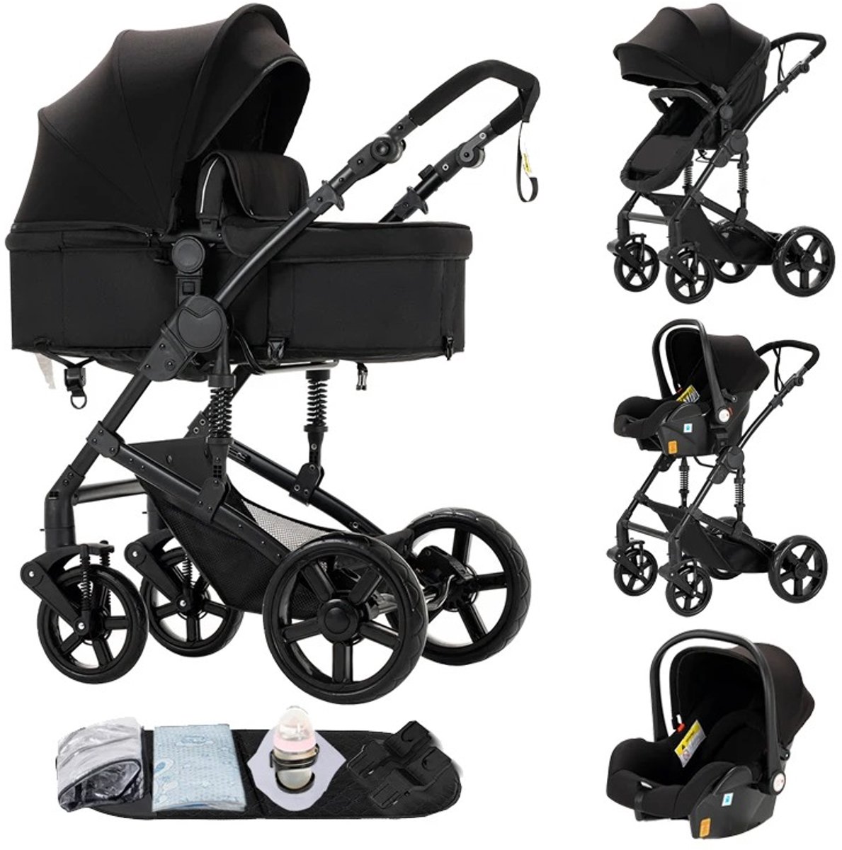 Brandistry - 3 in 1 kinderwagen - Kinderwagen - Maxi Cosi - Wandelwagen - Lichtgewicht - Incl. Regenhoes - Inklapbaar - Zwart