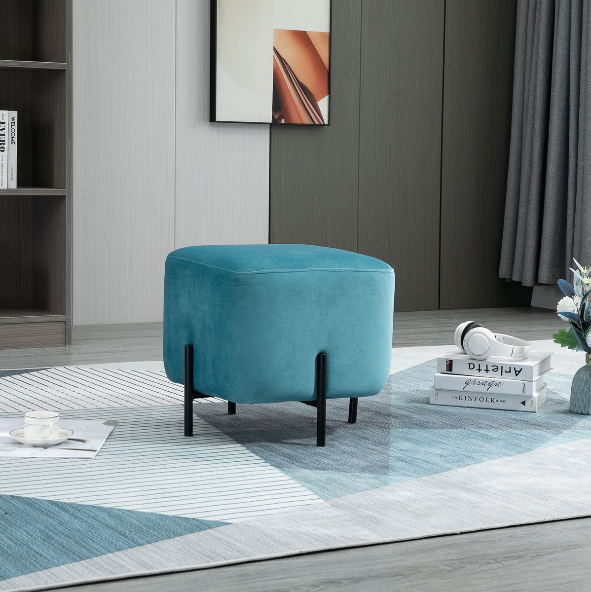 MEUNIQ voetenbankje 44,5 x 44,5 x 41,5 cm, gestoffeerd met stalen poten, turquoise, voor binnen, als poef of extra zitplek