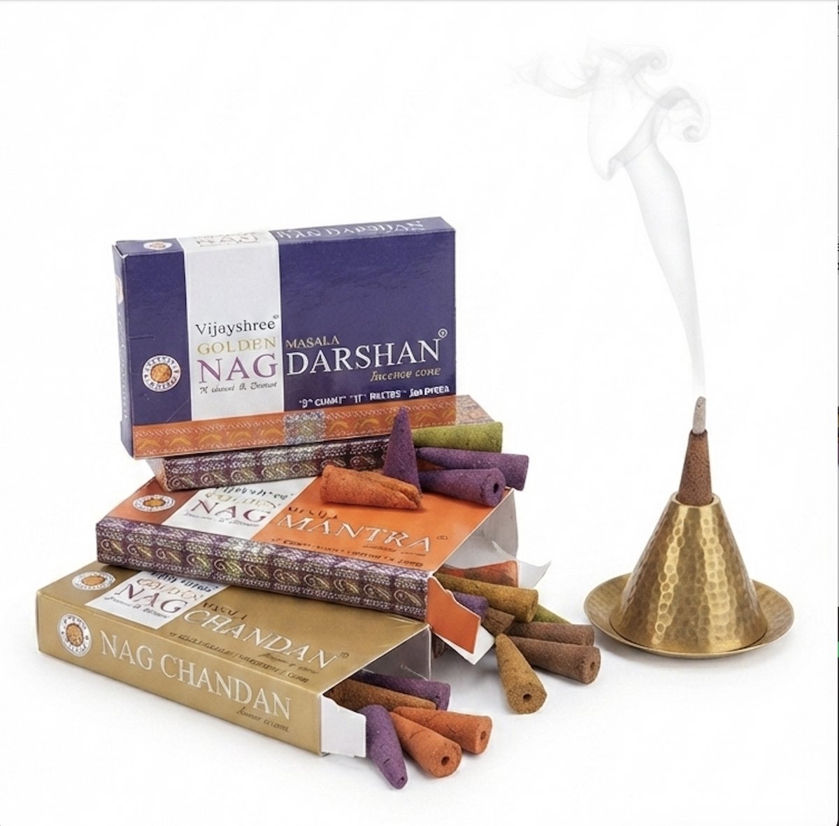 Vijayshree Golden Masala Wierookkegels Combo Set – 360 Stuks – 3 Geuren: Nag Darshan, Nag Mantra & Nag Chandan – Premium Natuurlijke Wierook – Inclusief 36 Pakketjes Ideaal voor Meditatie & Ontspanning Met kajal Sticker