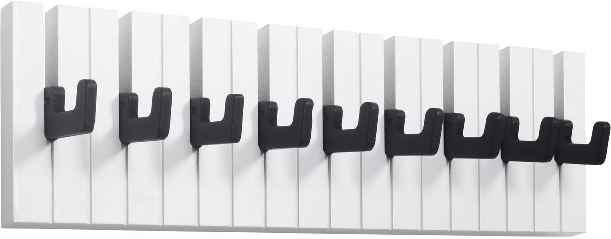 RICOO WM1886-L, garderobehaken, wandhaken, kindergarderobehaken, pianodesign, zwart-wit houten garderobestand, modern en inklapbaar, 9 uitklapbare haken voor kinderkamer en hal, 49 x 15 x 2 cm