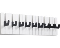 RICOO WM1886-L, garderobehaken, wandhaken, kindergarderobehaken, pianodesign, zwart-wit houten garderobestand, modern en inklapbaar, 9 uitklapbare haken voor kinderkamer en hal, 49 x 15 x 2 cm