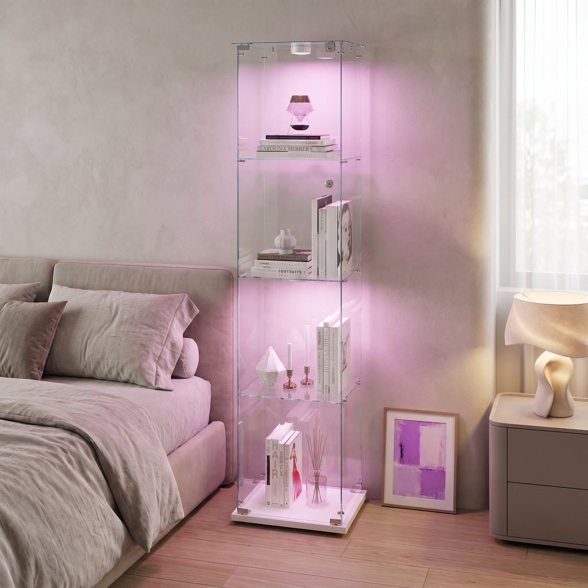 Glazen Vitrinekast, 4-Laags Verticaal Opbergmeubel voor Verzamelingen, Boeken, Wijn, Kantoor, Woonkamer, Keuken, met Verlichting, 163x39,8x35cm (Wit)