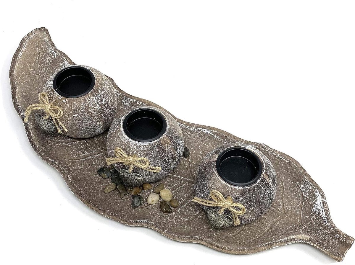 Kaarsenhouder Set - Drie Bollen - Sfeer Creëren - Met Dienblad - 3 Bollen - Bruin