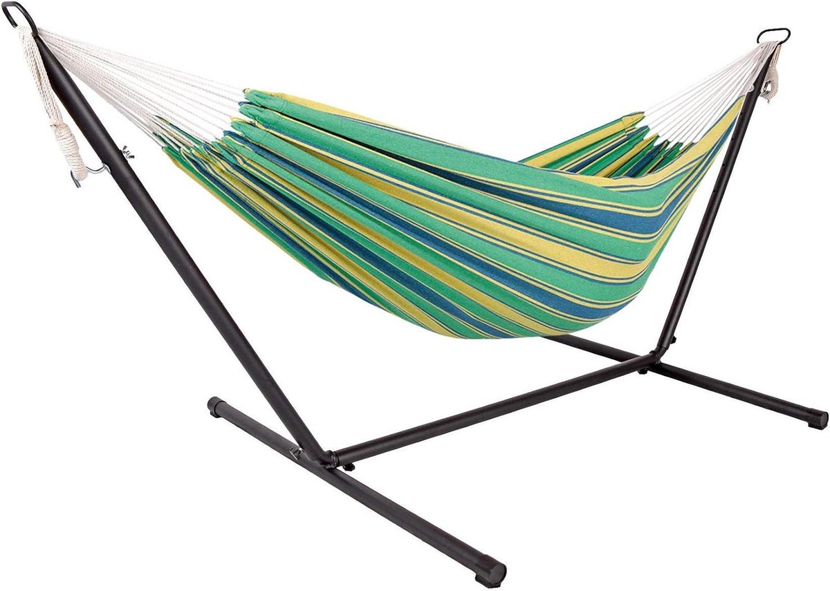 Dubbele Hangmat - Buiten Loungen - Ontspannen in Tuin - Inclusief Stalen Frame - 285 x 120 cm - Gekleurd Gestreept