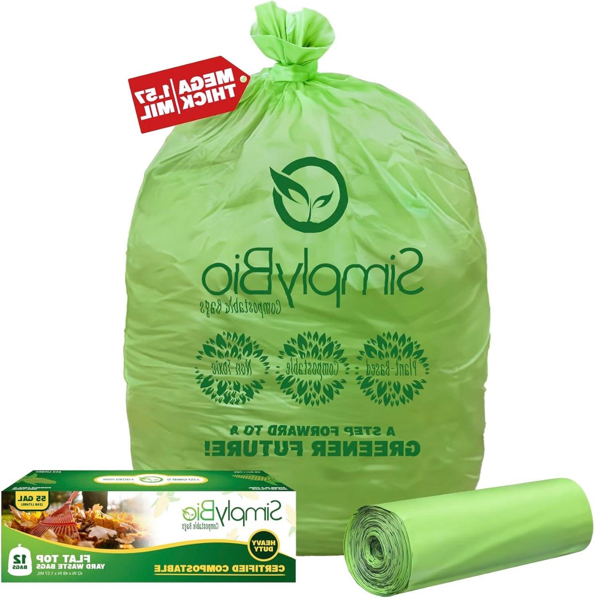 Composteerbare Afvalzakken - Milieuvriendelijke Zakken - Afval Verwerken - 100% Composteerbaar - 55 Gallon 12 Stuks - Groen