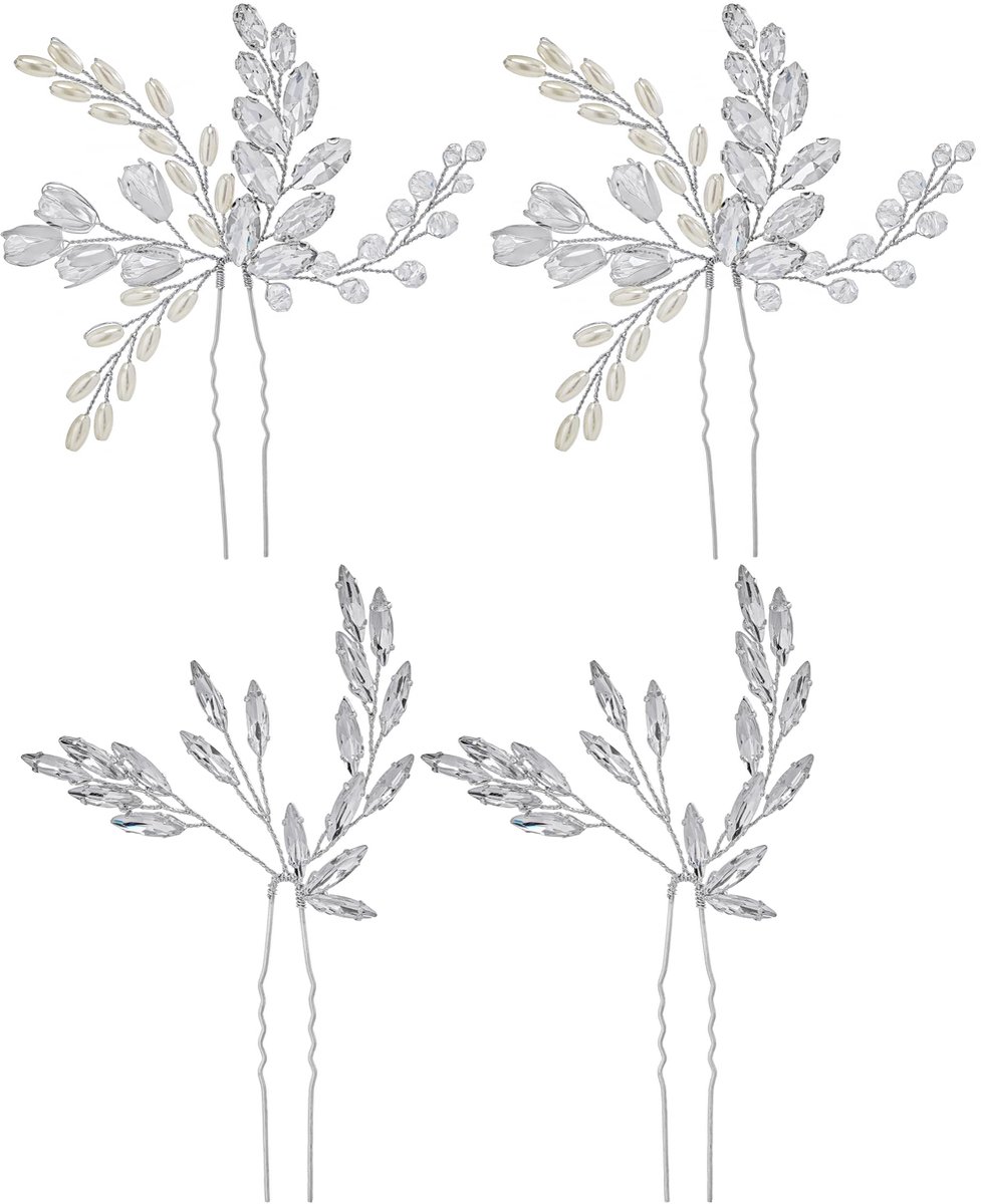 4 Stuk Bruiloft Haar Accessoires, Zilveren Strass Blad Haar Clips, Bruids Haarspeld