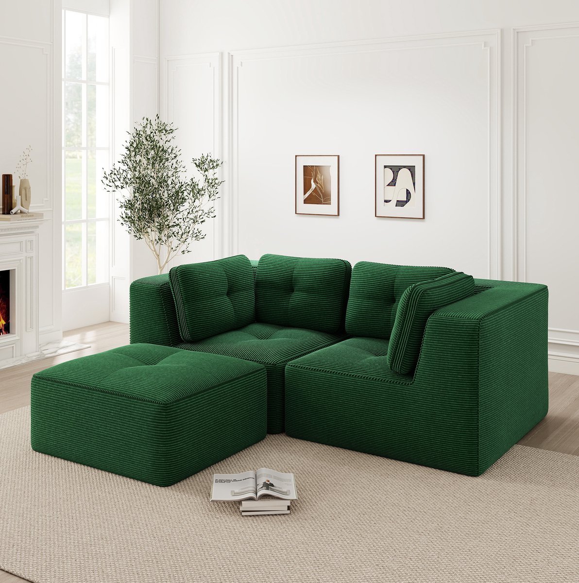 FloraGrace Hoekbank 208 Cm - Modulaire 2-Zits L-Vorm Met Verplaatsbare Voetsteun - Voor Woonkamer Of Slaapkamer - Corduroy - Groen