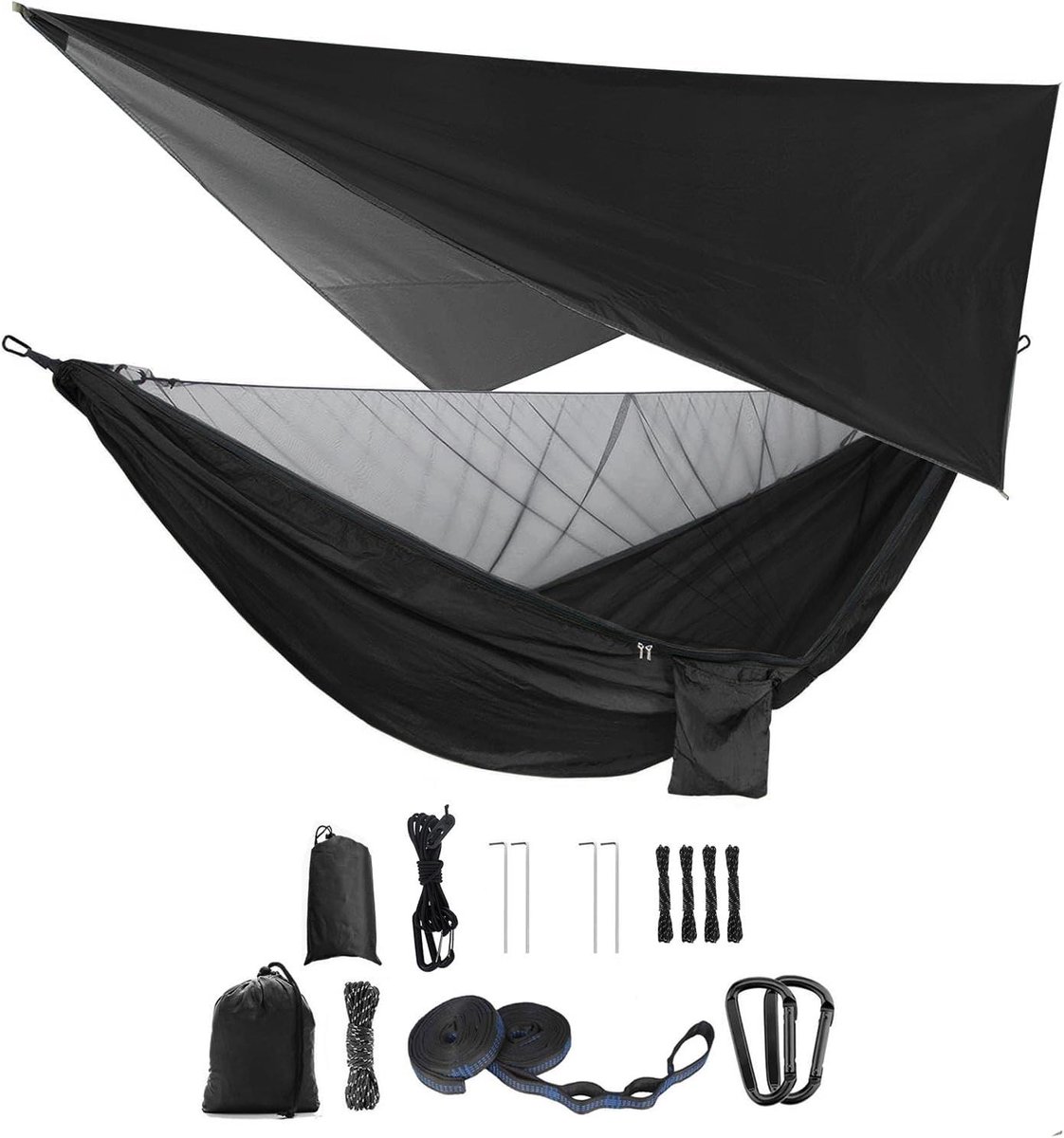 Kampeerhangmat Set - Hangmat met net - Outdoor Ontspanning - Inclusief muskietennet - 290x140 cm - Zwart