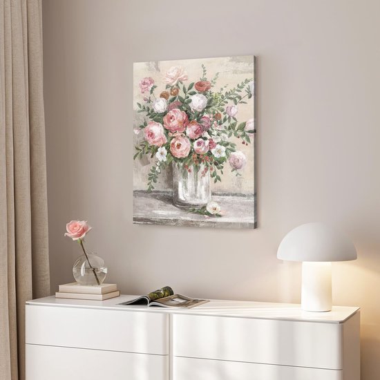 Ingelijste Vintage Bloem Kunst Aan de Muur Decor Boerderij Stilleven Poster, Rustieke Roze Witte Bloemenvaas Drukt Botanische Olieverfschilderij Badkamer Slaapkamer Woonkamer 12x16 Duim — afbeelding 5
