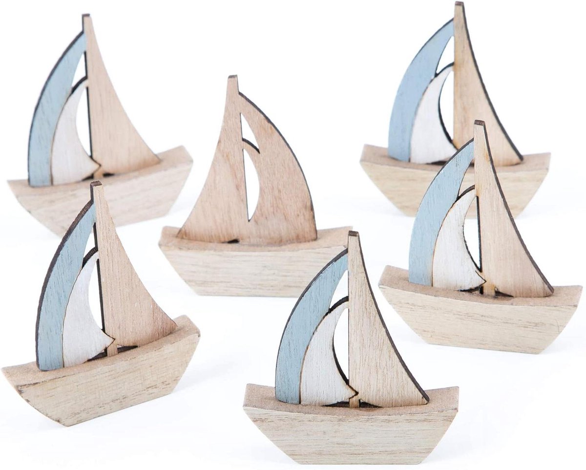 Zeilboten Houten Decoratie - Maritieme Schepen - Tafeldecoratie Creëren - Set van 6 stuks - 8 cm hoog - Blauw Wit