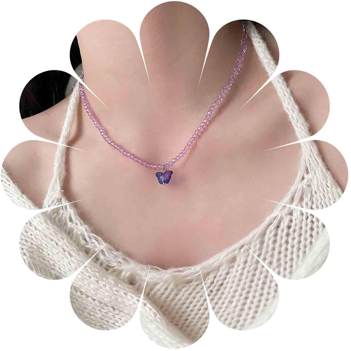 Ketting Paars Strass Ketting Ruw Amethist Kraag Ketting Zirkonia Vlinder Korte Ketting Sieraden voor Vrouwen (Paars)