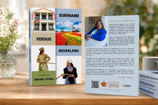Boek "Suriname versus Nederland" met foto's van gebouwen, tulpenvelden en vrouwen.