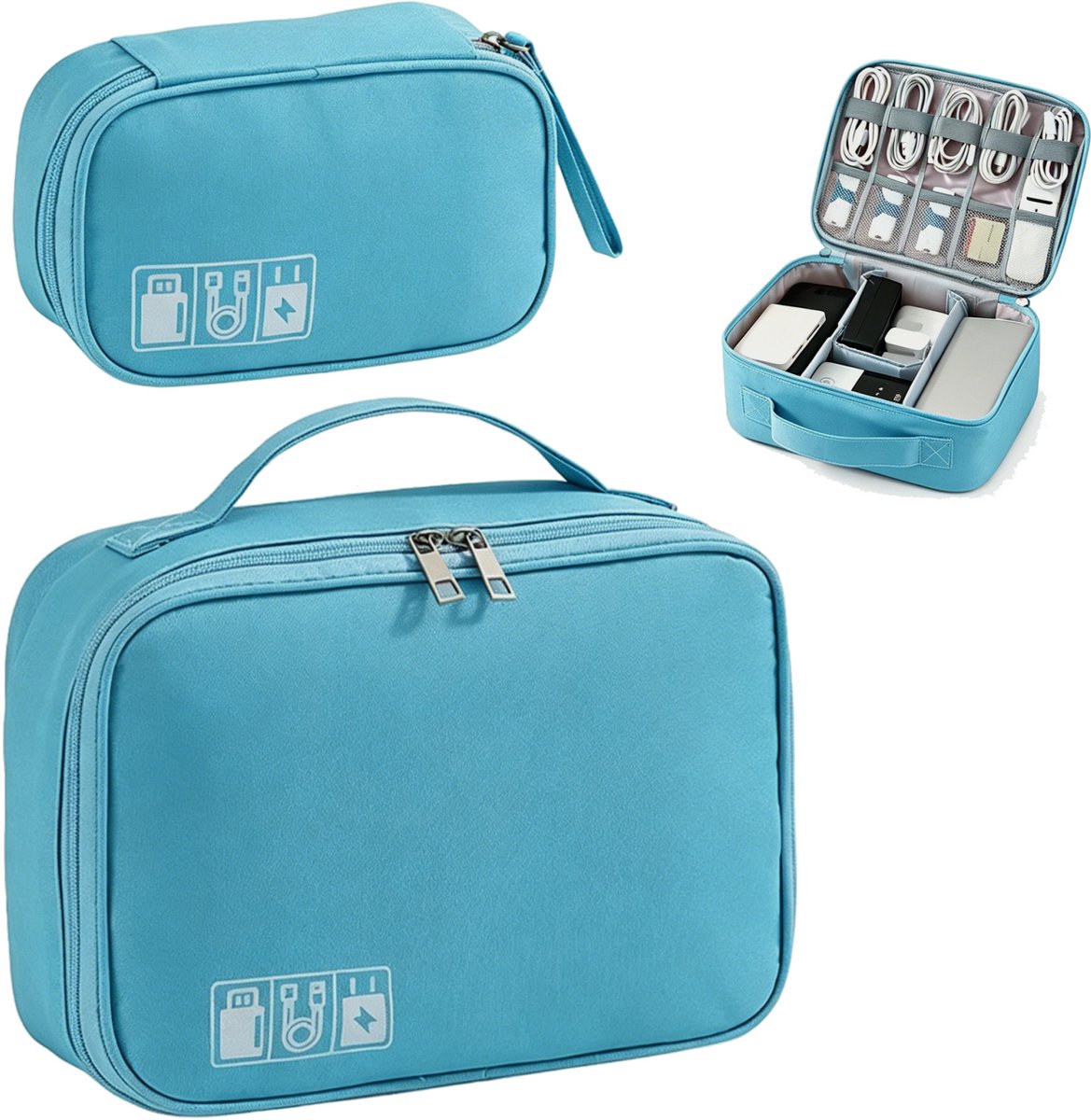 2 Delige Elektronica Organizer Set – Grote en Kleine Kabel Organizer Tas – Reis Opbergtas voor Opladers, Kabels, Powerbanks, USB Accessoires en Elektronische Apparaten – Blauw