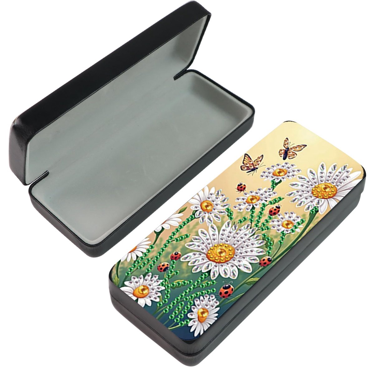 Painting Brillendoos, 16 x 6,5 cm, diamant-schilderij, bril, organizer, opbergdoos, harde schaal, etui, brillenkoker voor zonnebril, leesbril, cadeau, madeliefje