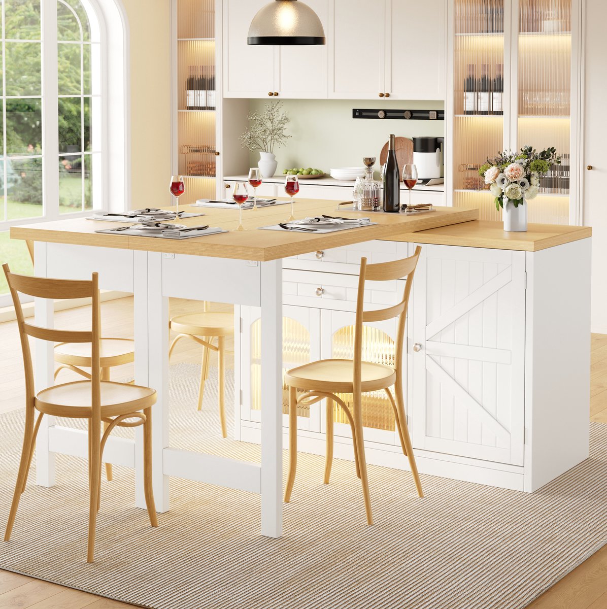 HAUSS SPOLE Eettafel Uitbreidbaar 360 Graden Draaibaar Met Opbergruimte En Schuifdeuren Voor Keuken En Eetkamer Wit 120 Tot 194 Cm