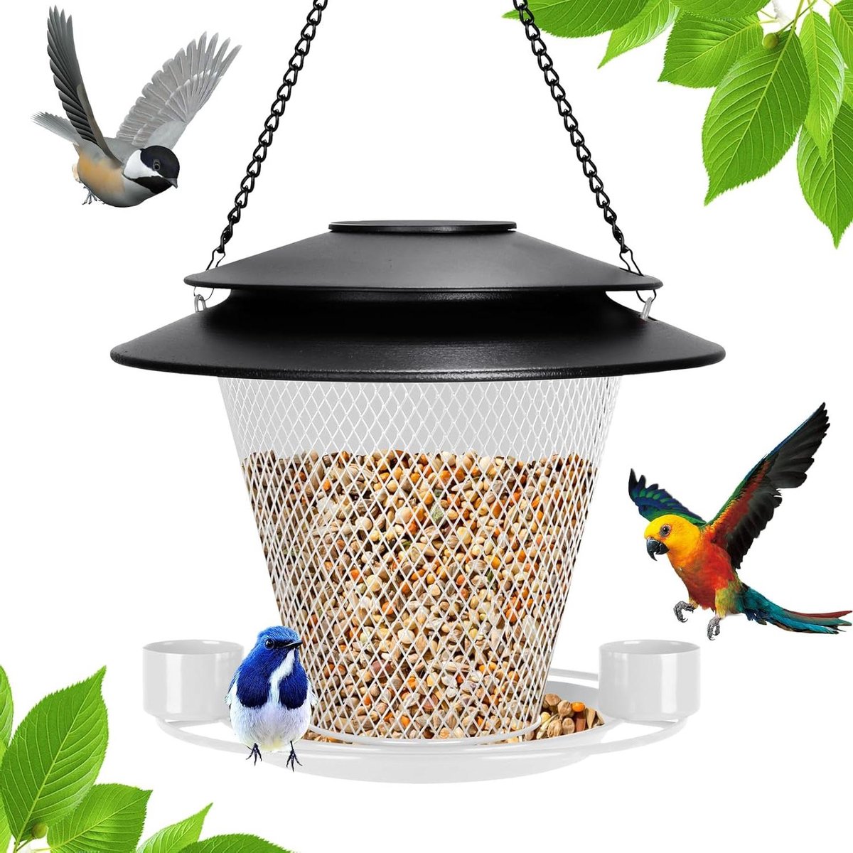 Vogelvoeder Buiten - Voederhuisje Tuin - Vogels Voeren - Zonne-energie Verlichting - 23.5 cm - Wit