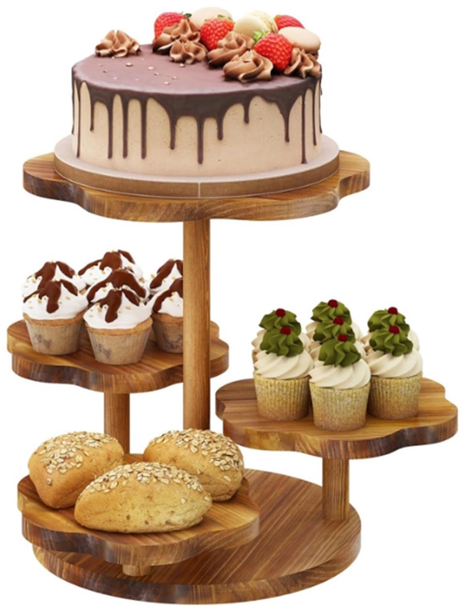 Taartstandaard/cupcake-standaard van hout, 4 etages, desserthouder toren serveerdienblad met meerdere etages, voor Kerstmis, bruiloft, verjaardag (bruin, met kanten rand)