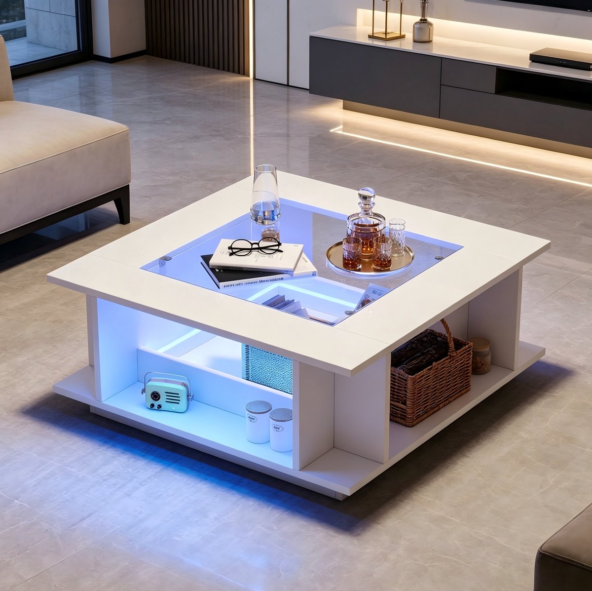 MIVRAY Salontafel - Vierkante Koffietafel Met Glasplaat En LED Verlichting - Open Opbergruimte Voor Woonkamer - Wit Hoogglans - 70x70x30 Cm