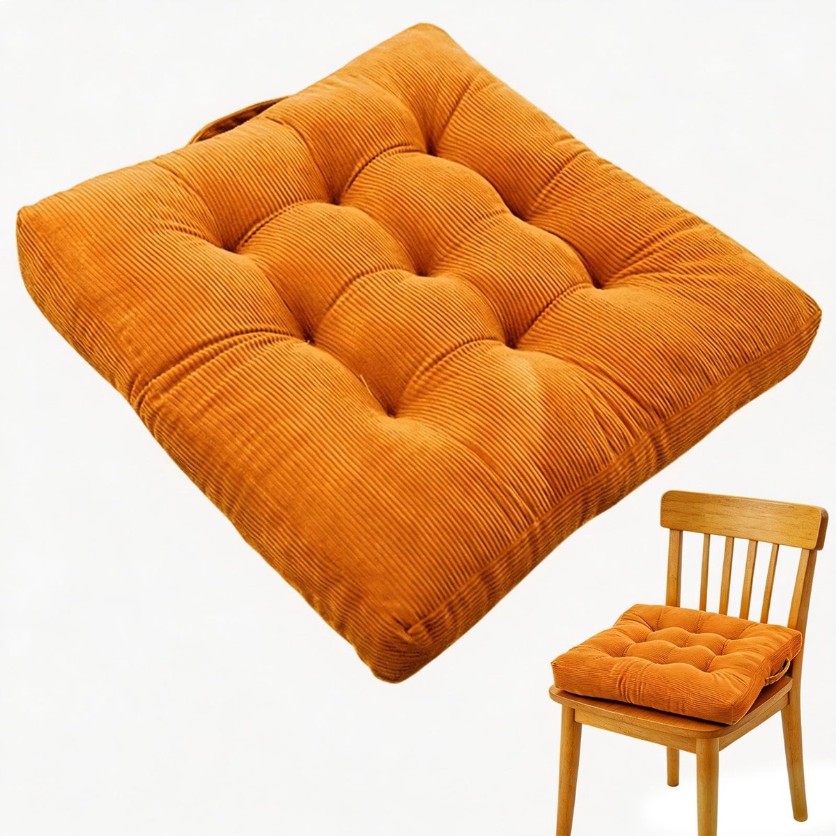 Vloerkussen, zitkussen, 40 x 40 cm, katoenen stoelkussen, voor binnen en buiten, zitkussen, vloer met draaggreep, 10 cm dik, stoelkussen, matraskussen, zitkussens voor woonkamer, eetkamer (oranje)