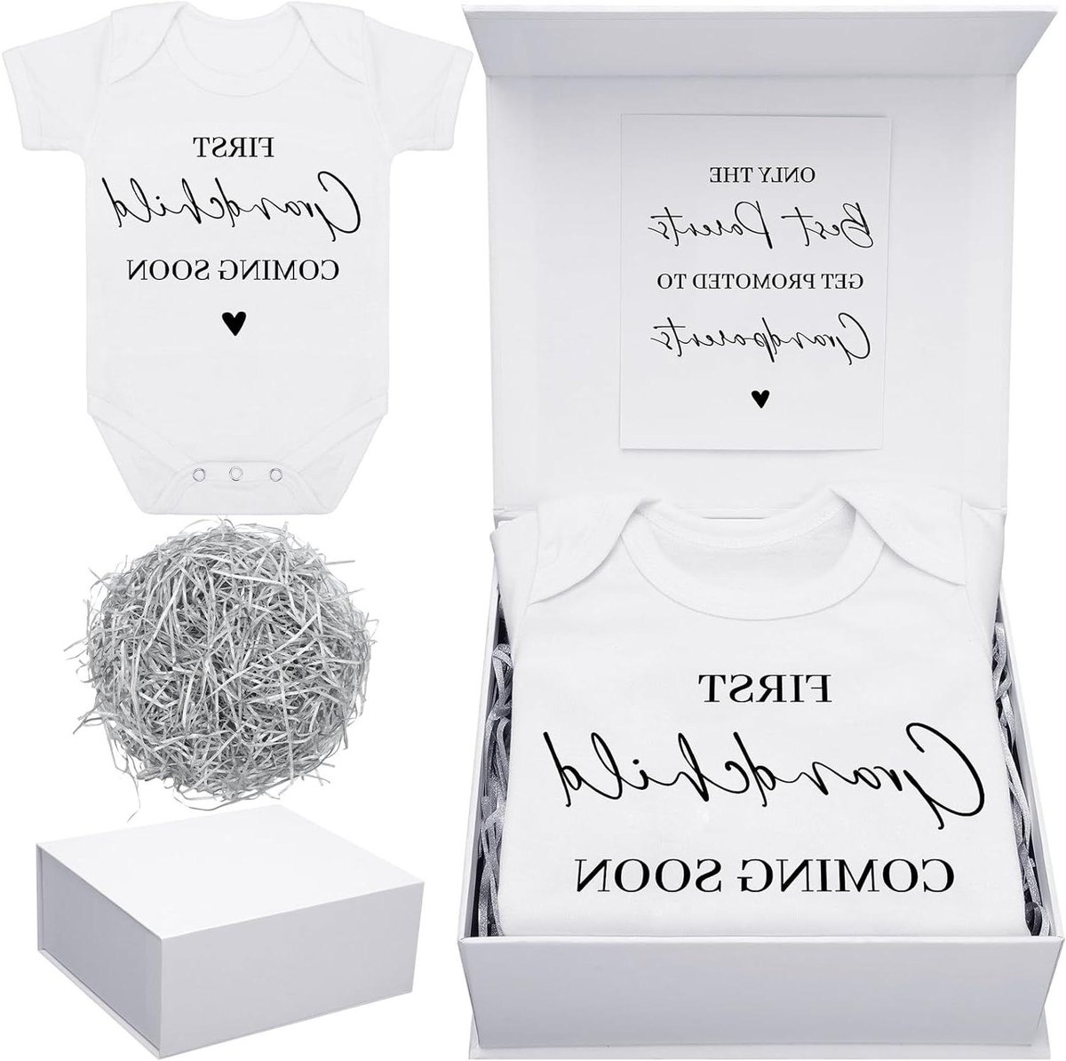 Zwangerschapsaankondiging Doos - Baby Onthulling Cadeau - Grootouders Verrassen - Met Rompertje en Kaart - 4 Delig - Wit