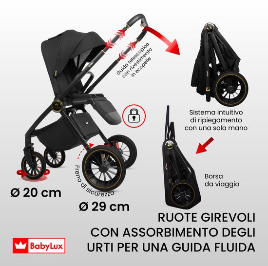BabyLux® Kinderwagen 4in1 Set ROSSO, Opvouwbare Lichtgewicht Combi Kinderwagenset Incl. Reiswieg, Buggy, I-Size Kinderzitje, Autostoel, 4 Verstelbare Standen, 0-22kg, Uv-Bescherming 50+ van BabyLux — afbeelding 2
