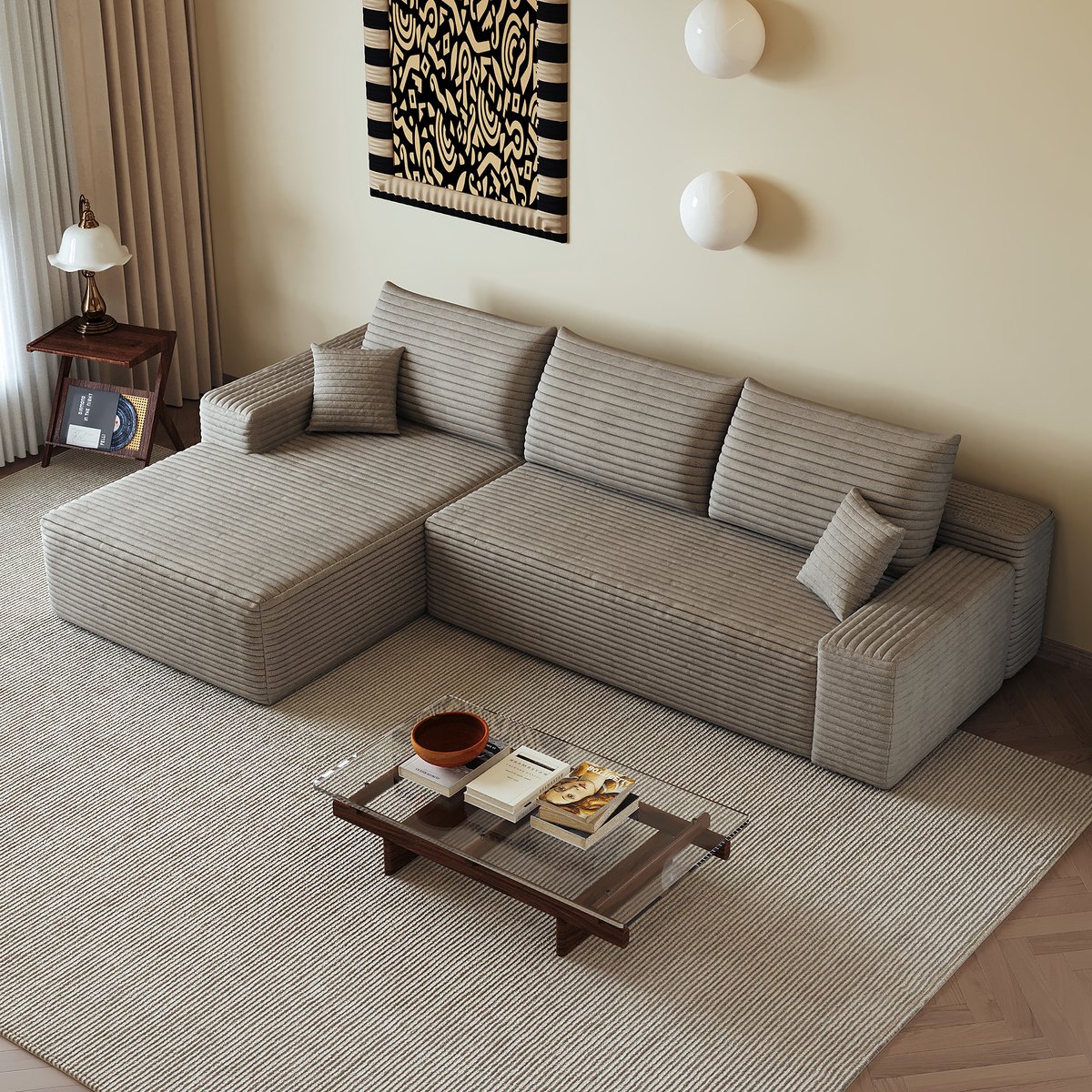 FloraGrace Hoekbank 270 cm - Modulaire 3-Zits Bank Met L-Vormige Chaise Longue En Diepe Zit - Zonder Montage Voor Woonkamer Of Slaapkamer - Corduroy Stof - Camel
