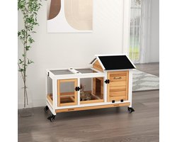 MEUNIQ kleintierhok voor dwergkonijnen en cavia's 108 x 58 x 73,5 cm met wielen, uitloop, afsluitbare deuren, uitneembare bodembak en opklapbaar dak geel