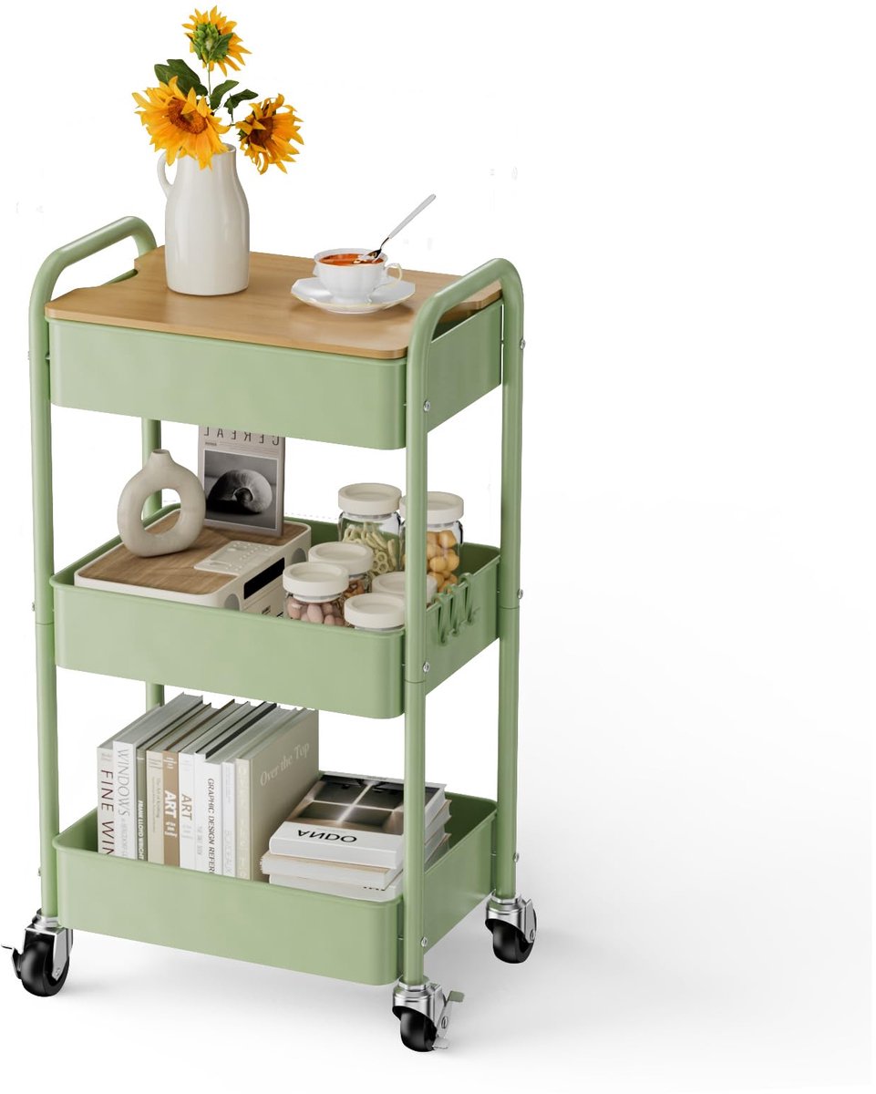 3-verdiepingen rolwagen met tafelblad, serveerwagen, multifunctionele trolley van metaal, rek op wielen, plank, organizer, keukenrek, stabiele multifunctionele wagen voor keuken, badkamer