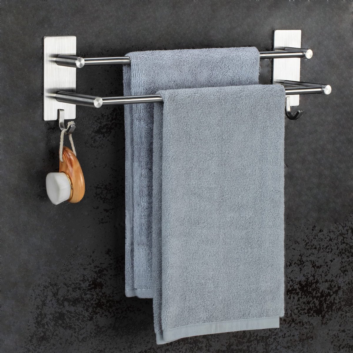 Handdoekhouder zonder boren badkamer handdoekstang roestvrij staal theedoekhouder zelfklevende badhanddoekhouder dubbel met 2 handdoekhaken wandmontage badkamer keuken