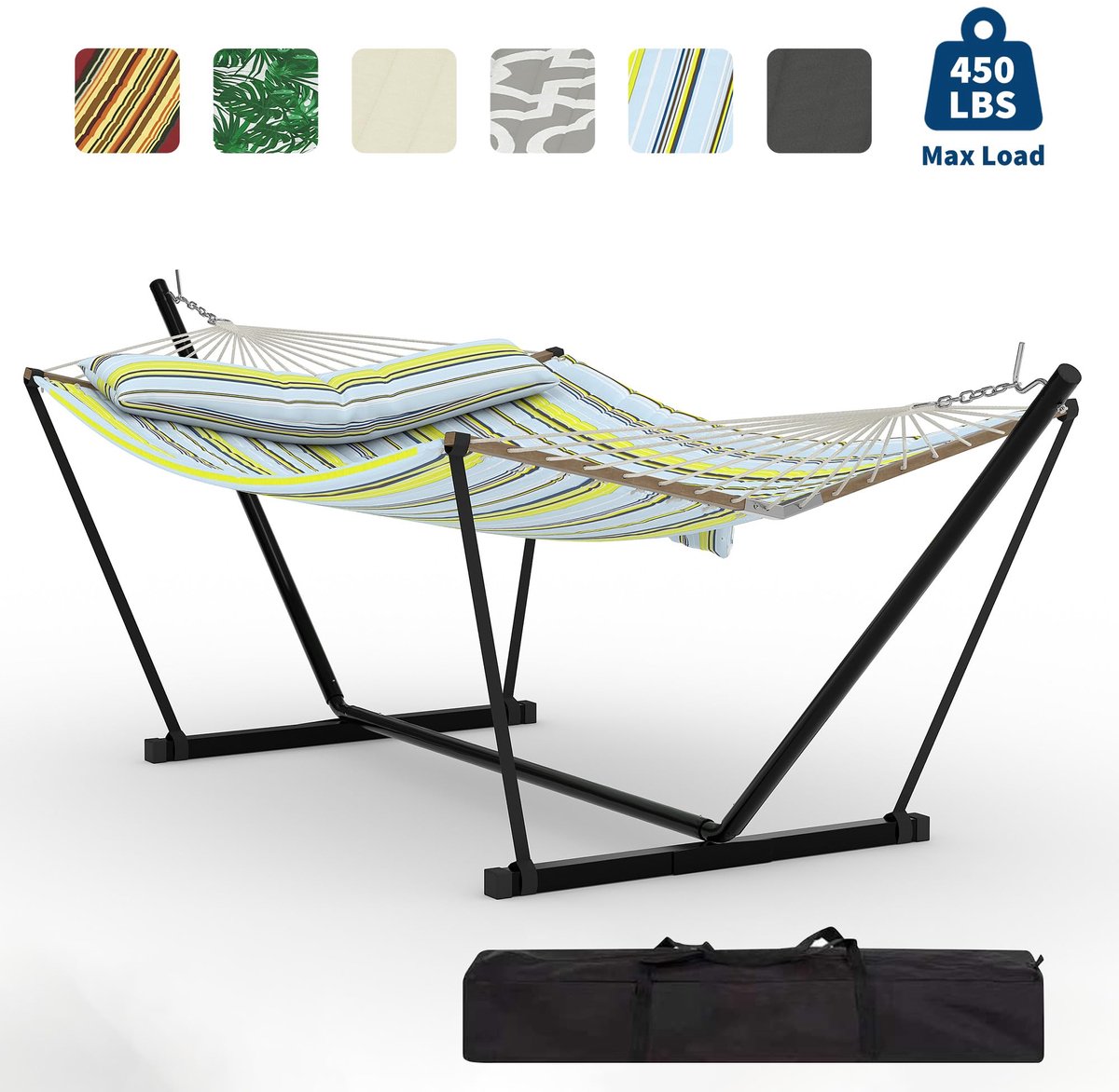 Hangmat Met Stalen Standaard - Schommelbed Outdoor - Draagtas - Afneembaar Kussen En Mat - V-Vorm Spreidstok - 200kg Draagvermogen - Voor Tuin Strand Zwembad Binnen Buiten - Blauwgroene Strepen