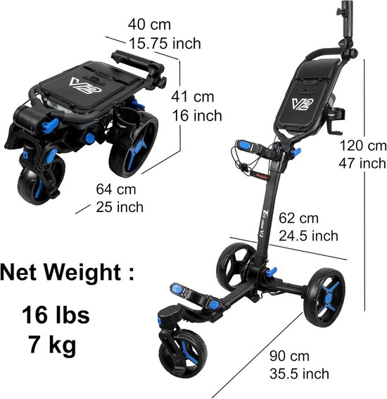 Golftrolley 3 Wielen - Golfkar Golfbuggy - Golfen Ondersteunen - 360 Graden Voorwiel - 35 x 28 x 65 cm — afbeelding 2