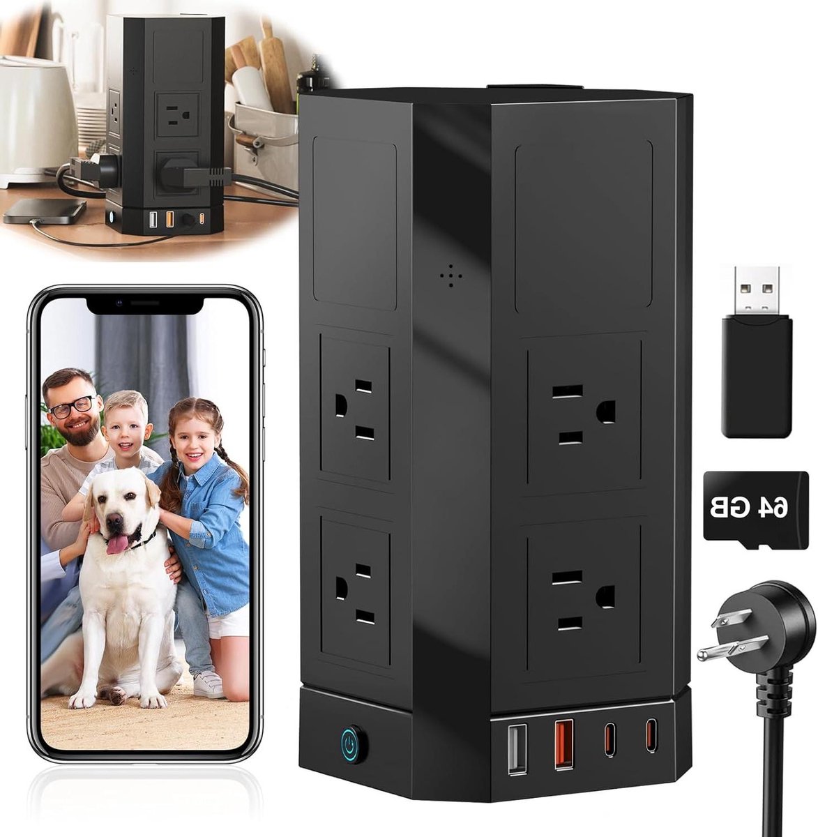Verborgen Spy Camera Power Strip - Beveiligingscamera Hub - Thuisbeveiliging - Bewegingsdetectie Sirene - 4 Stopcontacten 2 USB-C - Zwart