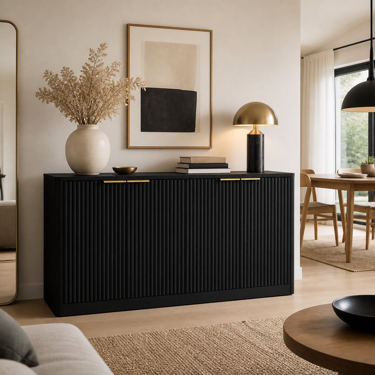 KOMHTOM - Modern dressoir met golvende vorm en gebogen contourontwerp - 4-deurs kast met opbergfunctie - geschikt voor keuken/slaapkamer/woonkamer - zwart - 150x40x70,5 cm