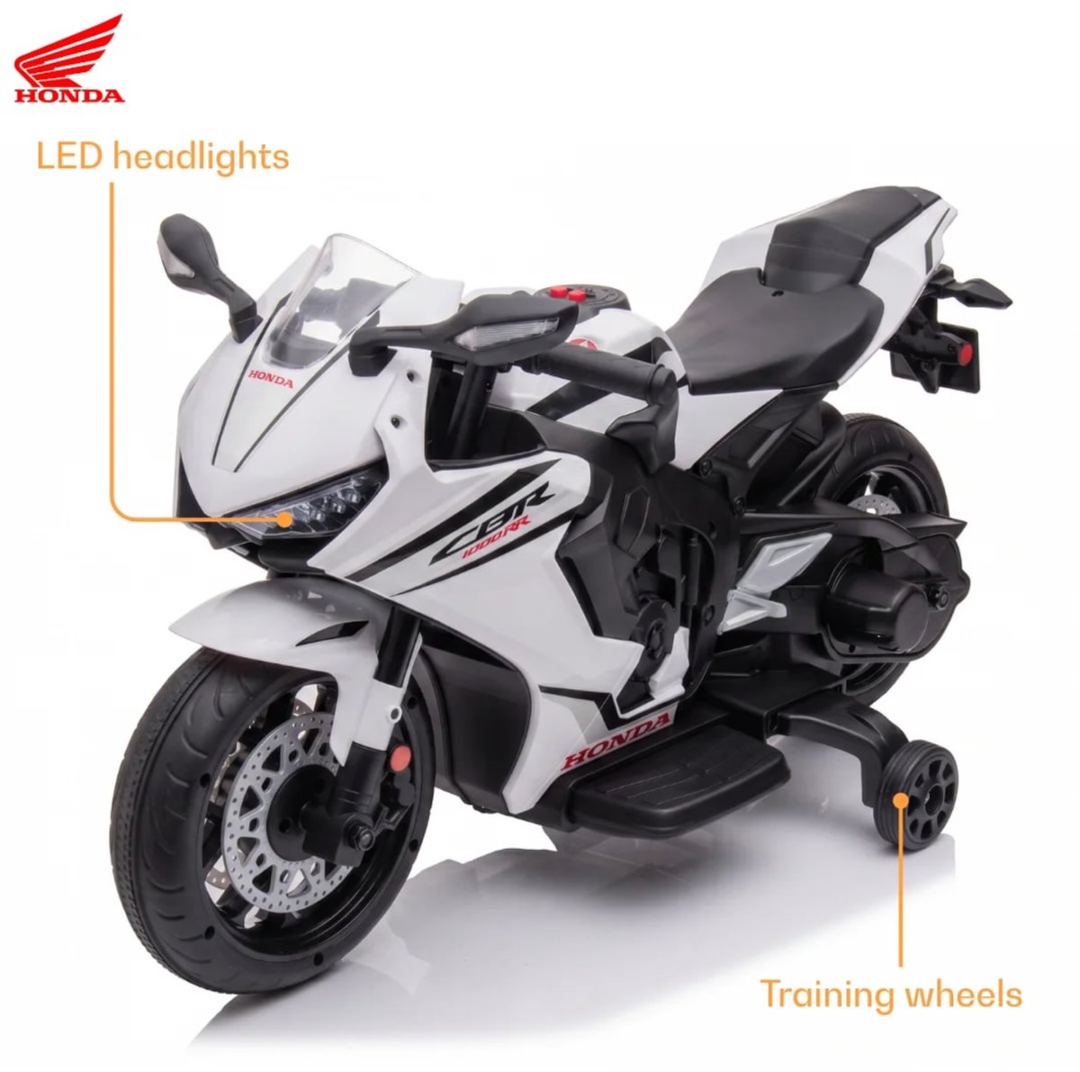Honda CBR 1000RR Full Option Elektrische Kindermotor 2 tot 5 jaar – Officieel Gelicentieerde Motor met LED-Koplamp & Claxon – Li-ion Kindermotor met Verwijderbare Zijwieltjes & Realistische Geluiden – Wit — afbeelding 6