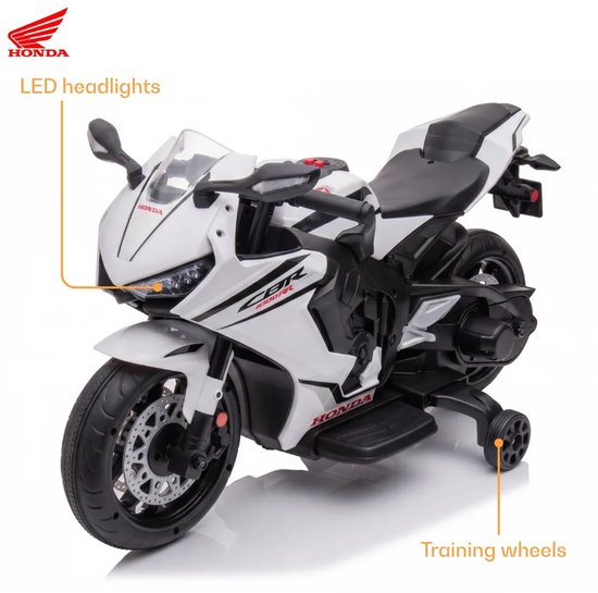Witte elektrische Honda CBR 1000RR kinder motorfiets met trainingswieltjes en LED koplampen.