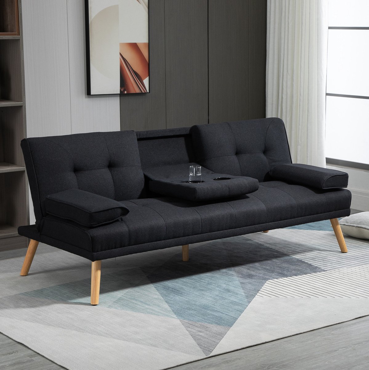 MEUNIQ slaapbank 3-zits 181 x 77 x 78 cm met verstelbare rugleuning, klaptafel en bekerhouders, polyester in linnenlook, Scandinavisch design voor woonkamer, grijs