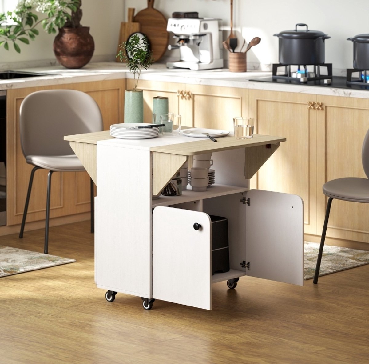 MEUNIQ opklapbare eettafel met kast en 4 wielen, klaptafel met open vak en kastvak, 70 x 83 x 75 cm, voor keuken en eetkamer, wit en naturel