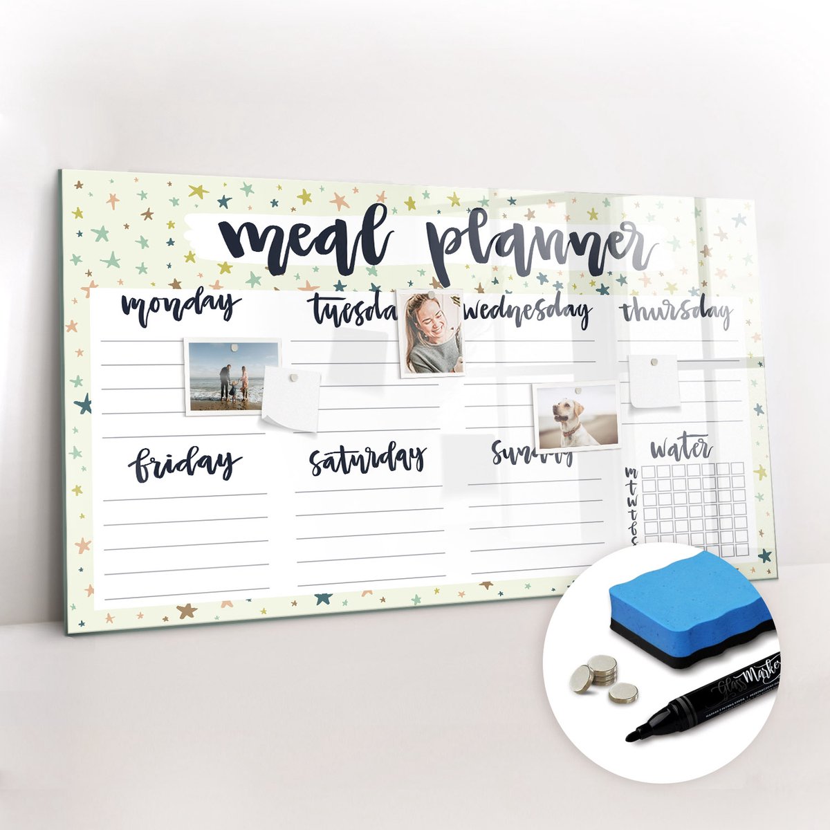Tulup Whitebord - Sterrenmenu - 120 x 60 cm - Veelkleurig Memobord Glas - Gratis 5 Sterke Magneten + Whiteboard Marker & Wisser - Organizer Muur - Magnetisch Wandbord - Planning Muur