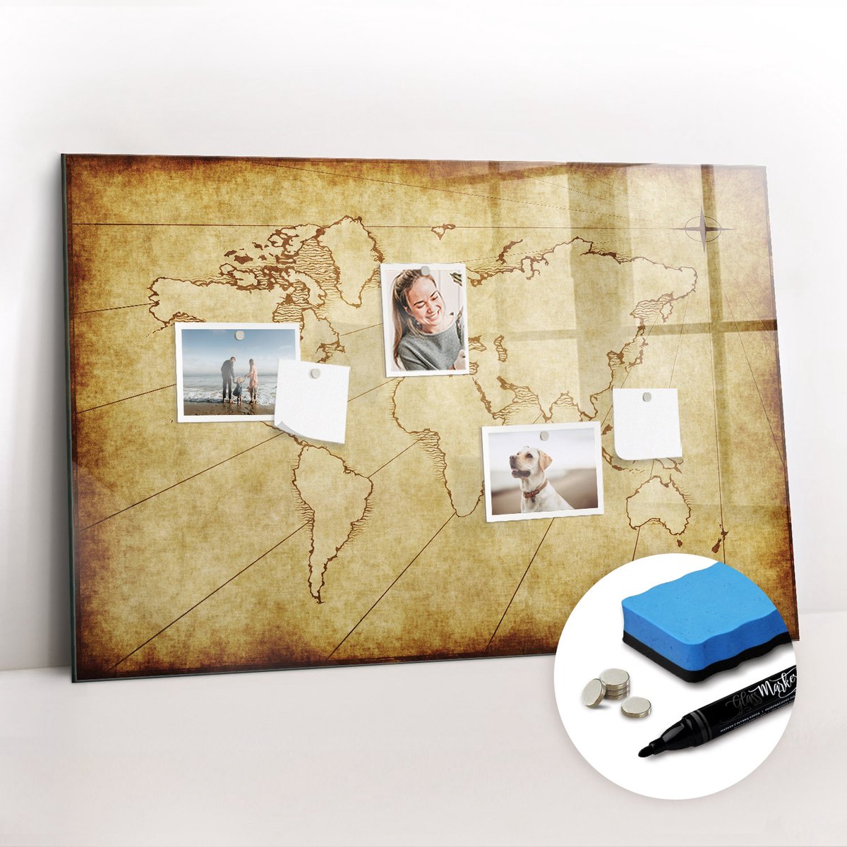 Tulup Whitebord - Oude wereldkaart - 90 x 60 cm - Geel Memobord Magnetisch - Gratis 5 Sterke Magneten + Whiteboard Marker & Wisser - Organizer Muur - Memo Bord - Notitiebord Werkplek