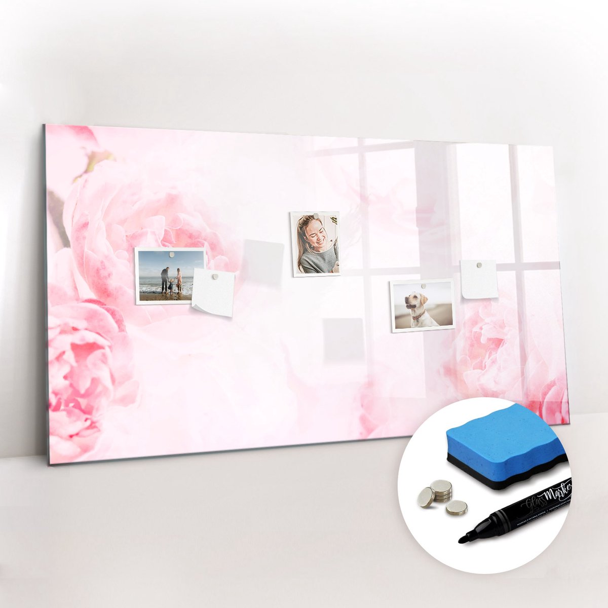 Tulup Whitebord - Bloeiende tuinbloemen - 120 x 60 cm - Roze Memobord Glas - Gratis 5 Sterke Magneten + Whiteboard Marker & Wisser - Interieur Accessoires Kantoor - Magneetbord Design - Planning Muur