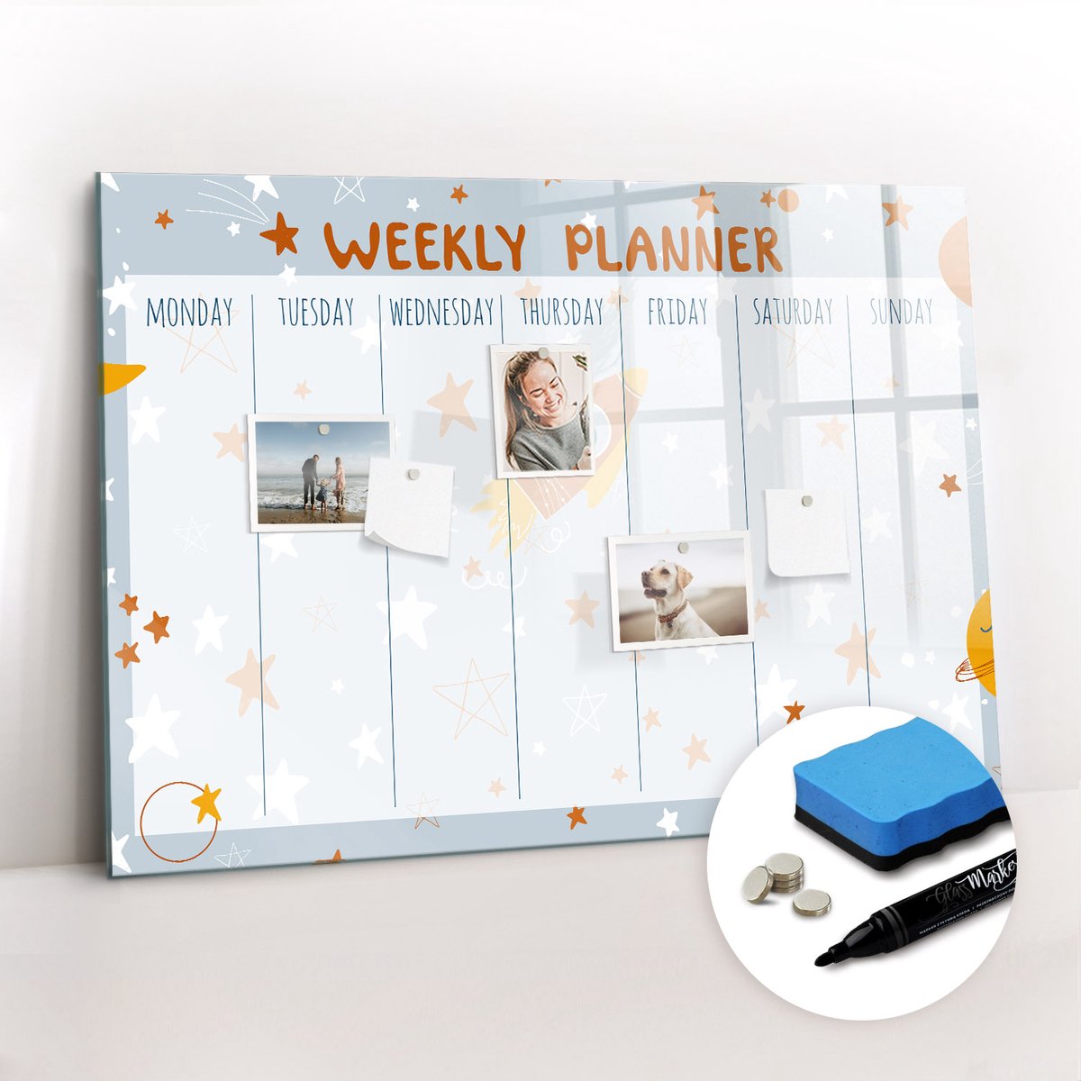 Tulup Whitebord - Weekplanner - 100 x 70 cm - Wit Memobord Glas - Gratis 5 Sterke Magneten + Whiteboard Marker & Wisser - Organizer Muur - Foto Magneetbord - Notitiebord Werkplek