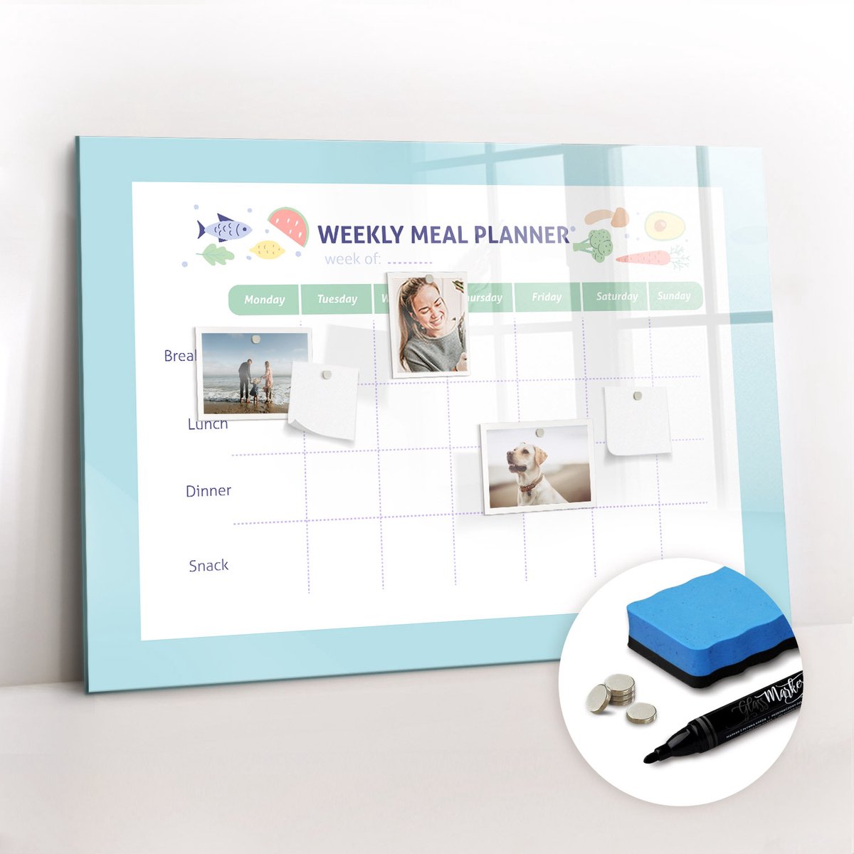 Tulup Whitebord - Maaltijdplanner voor een dieet - 100 x 70 cm - Blauw Memobord Keuken - Gratis 5 Sterke Magneten + Whiteboard Marker & Wisser - Design Memobord - Memo Magneetbord - Productiviteit Tools