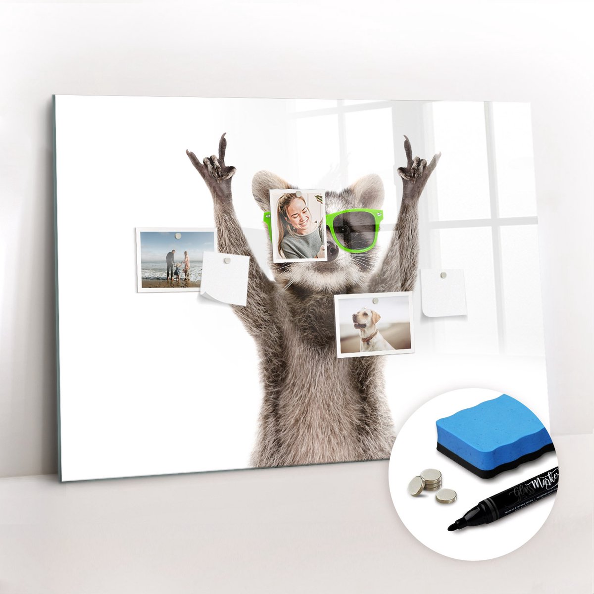 Tulup Whitebord - Wasbeer met bril - 100 x 70 cm - Veelkleurig Magnet Board - Gratis 5 Sterke Magneten + Whiteboard Marker & Wisser - Scandinavisch Design Bord - Magneetbord Design - Organiseer Je Bureau