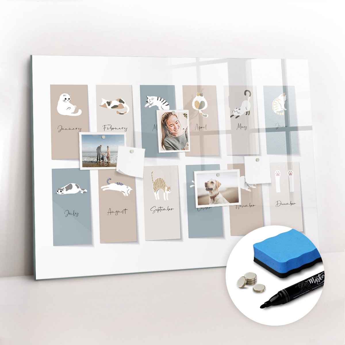 Tulup Whitebord - Kattenkalender - 100 x 70 cm - Beige Memo Magneetbord - Gratis 5 Sterke Magneten + Whiteboard Marker & Wisser - Scandinavisch Design Bord - Magnetisch Wandbord - Organiseer Je Bureau
