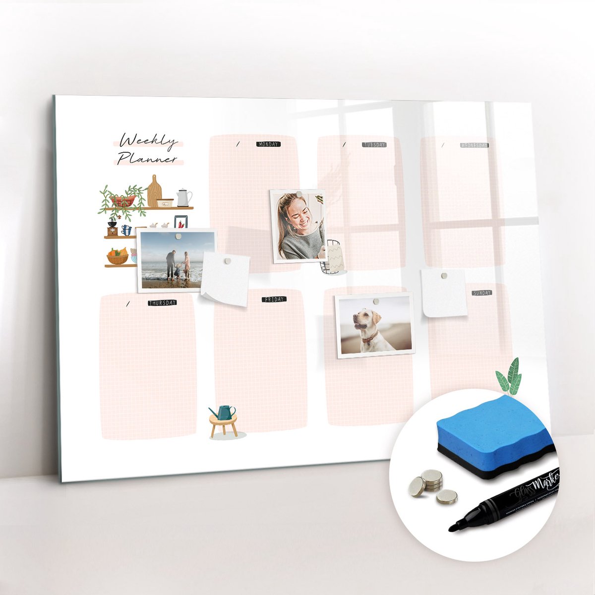 Tulup Whitebord - Kalender weekplanner - 100 x 70 cm - Roze Memobord Magnetisch - Gratis 5 Sterke Magneten + Whiteboard Marker & Wisser - Minimalistisch Prikbord - Memobord Magnetisch - Planning Muur