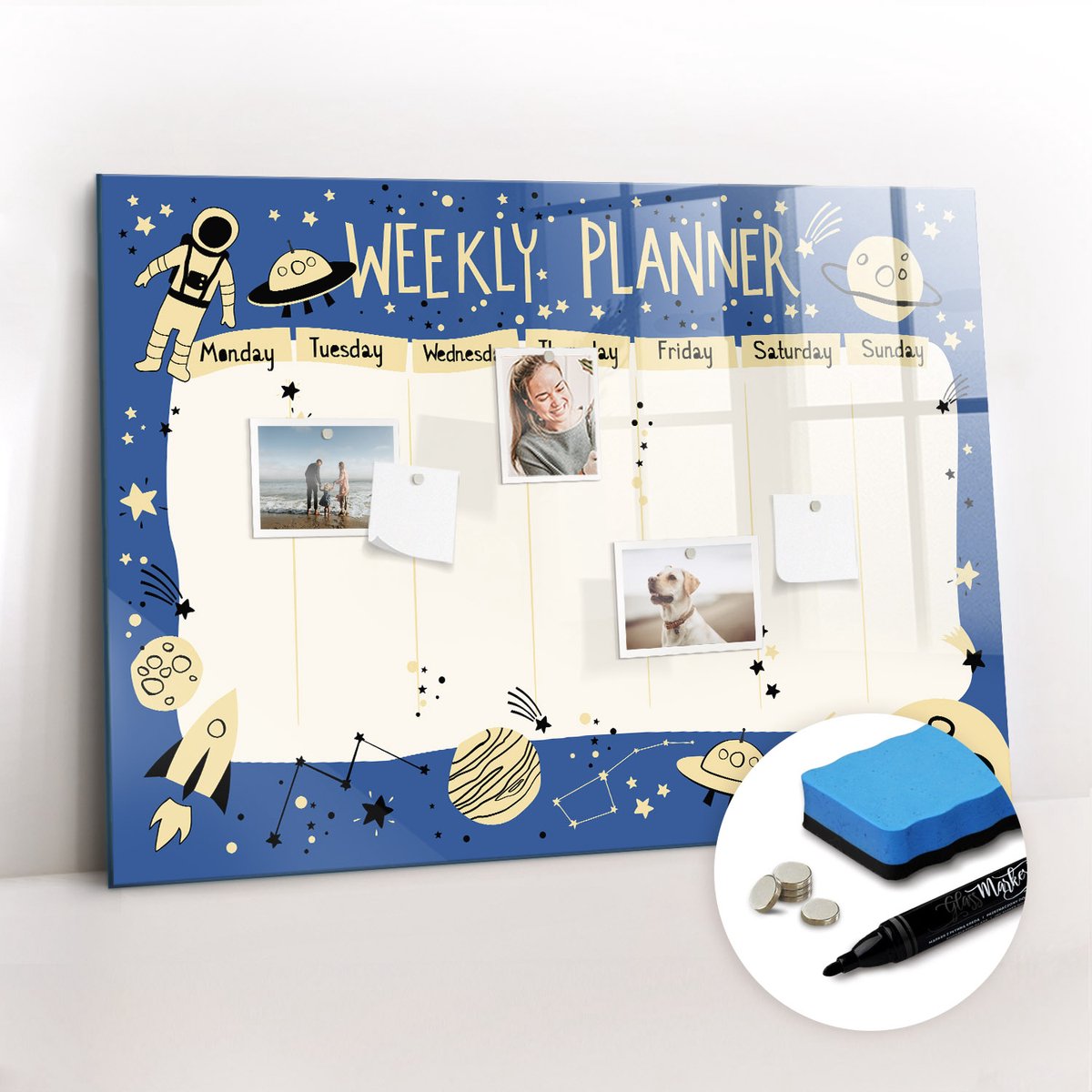 Tulup Whitebord - Ruimteplanner - 100 x 70 cm - Blauw Magneetbord Rechthoekig - Gratis 5 Sterke Magneten + Whiteboard Marker & Wisser - Stylish Memo Board - Magneetbord Foto - Notitiebord Werkplek