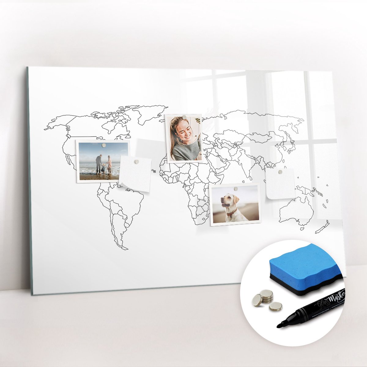 Tulup Whitebord - Contourkaart van de wereld - 90 x 60 cm - Wit Magneetbord Foto - Gratis 5 Sterke Magneten + Whiteboard Marker & Wisser - Stylish Memo Board - Memobord Glas - Planning Muur